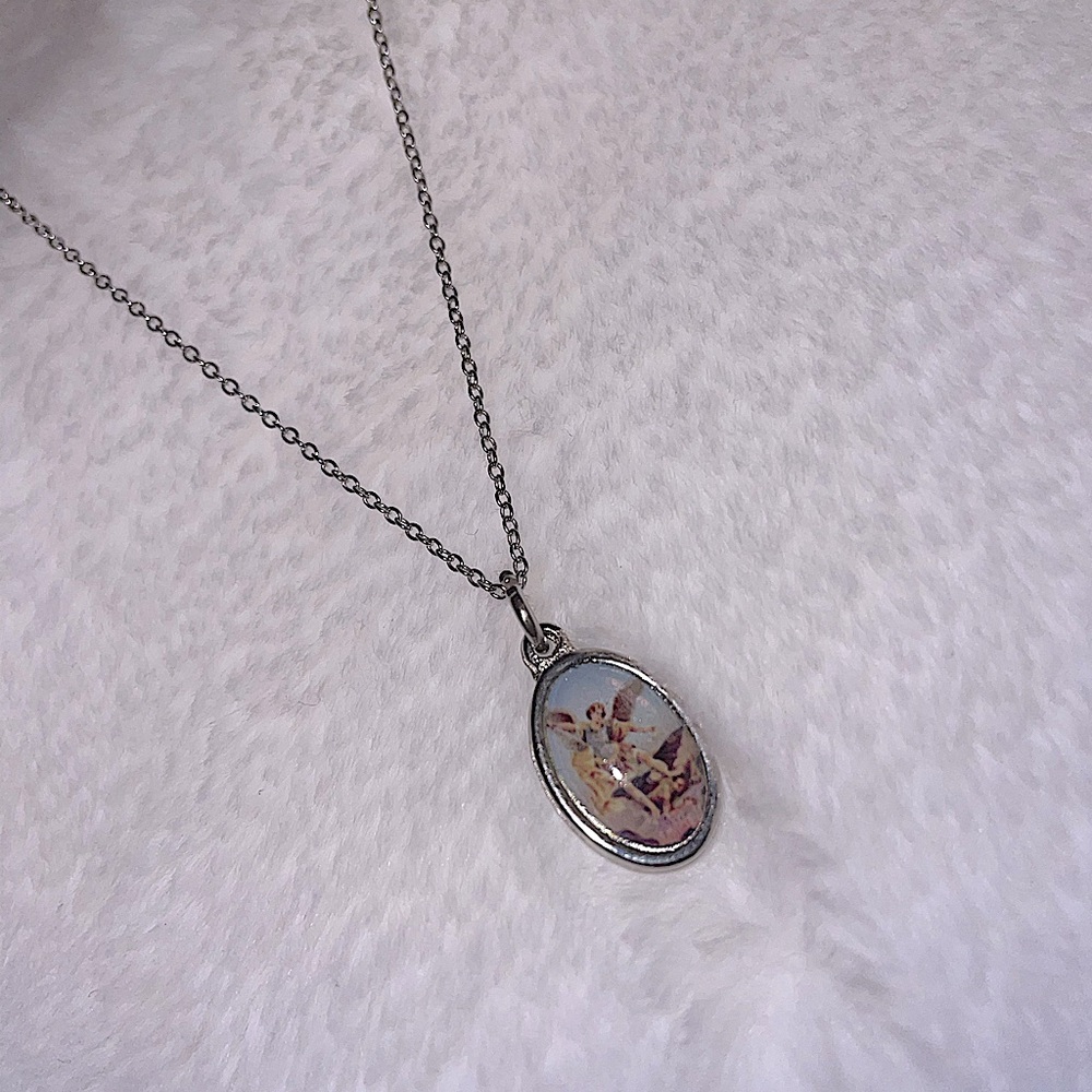 St Michael archangel oval pendant on sterling silver chain 45cm